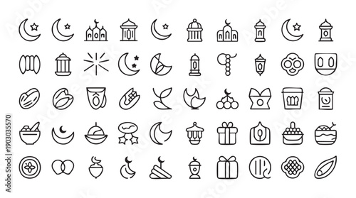 Collection of Islamic and Ramadan themed line featuring moons stars mosques lanterns prayer beads dates and gifts