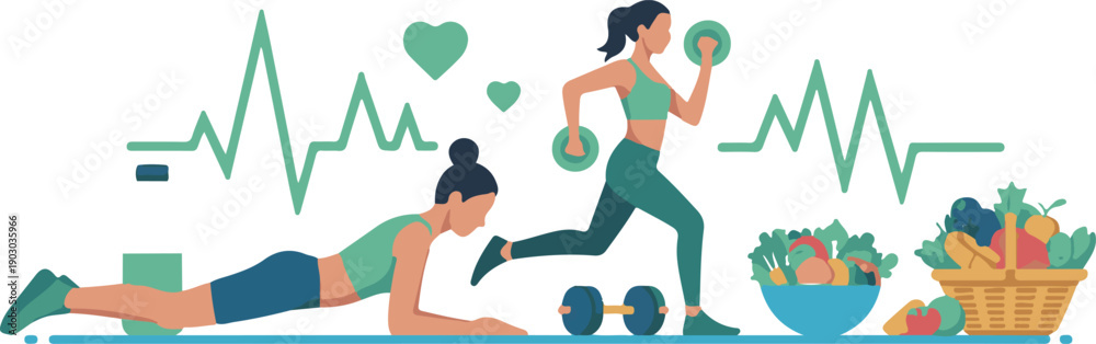© MdShamimAhmed - Healthy lifestyle vector graphic: fitness, running, yoga, healthy food, and heartbeat symbol. Isolated  white background