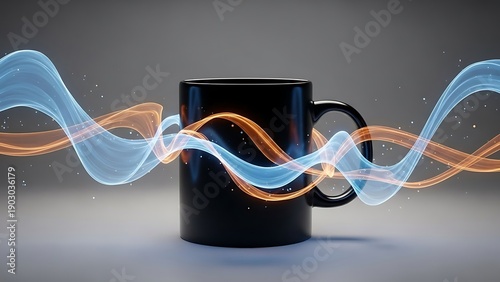 Black ceramic coffee mug appears to conduct glowing blue and orange energy waves representing heat transfer or dynamic fluid motion against a muted background studio setting