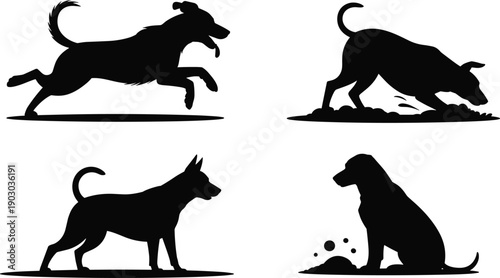 Black dog silhouette set showing running digging standing and sitting poses isolated on white background vector illustration for pet animal design projects