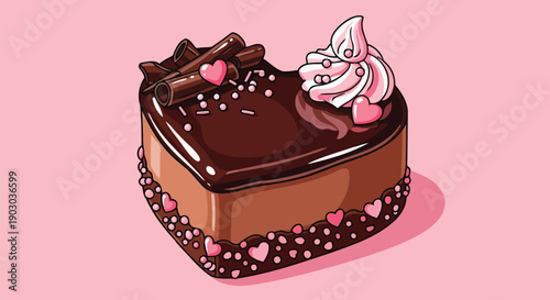 Chocolate heart cake vector illustration with glaze and pink cream