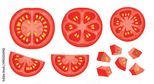 Sliced tomatoes and diced pieces in a colorful illustration