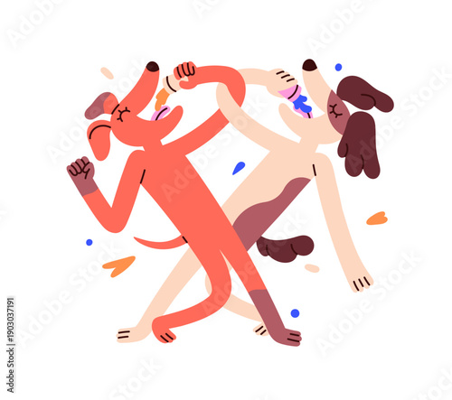 Happy dogs with intertwisted hands drink at brotherhood. Funny animals with alcohol shots dance together. Friends celebrate at the party. Flat isolated vector illustration on white background