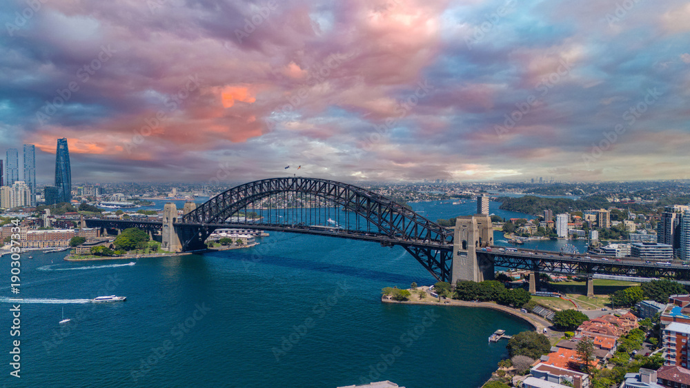 Obraz premium 5 February 2026 Aerial View of Sydney Harbour Circular Quay cruise Liner on a nice Summer day beautiful Sky in Sydney NSW Australia