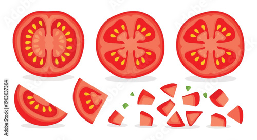 Sliced tomatoes and diced pieces in a colorful illustration