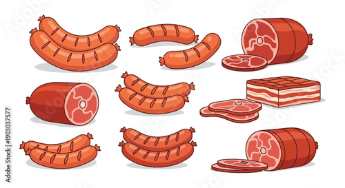 Assorted processed meats sausages salami ham and luncheon slices