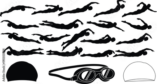 Silhouettes of professional swimmers in various pool racing positions with goggles and caps, competitive swimming strokes, athletic water sports vector illustration set, isolated