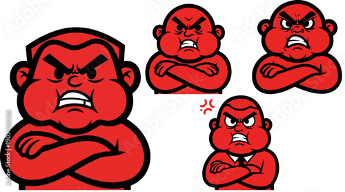 Collection of stylized illustrations depicting an angry cartoon character with crossed arms showing intense frustration and strong negative emotion repeatedly
