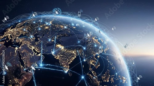 Global communication network connecting the world with satellite and mobile phone icons, creating a digital network.
