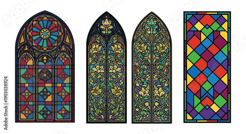 Three ornate gothic stained glass windows with colorful geometric designs