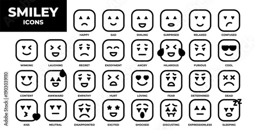 Smiley icon line set. Emoji icon collection containing happy emotion, sad, smiling, surprised, angry, relaxed, confused, laughing, excited and shocked emoticon icons. Vector outline illustration.