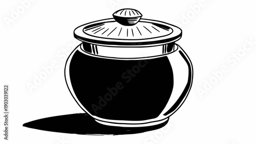 Illustration of a teapot with a lid and handle casting a shadow on a plain background from a front viewpoint