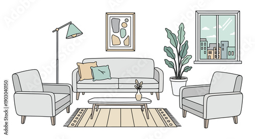 A cozy living room illustration featuring sofas chairs and decorative elements