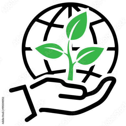 A hand holding a globe with a green plant growing out of it, symbolizing environmental care and sustainability efforts worldwide