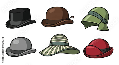Collection of cartoon hats in various styles and colors