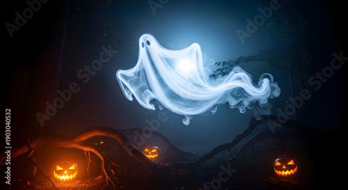 Mysterious glowing spirit drifts through a dark, foggy forest above grinning jack-o'-lanterns, evoking a spooky Halloween night concept for seasonal dread