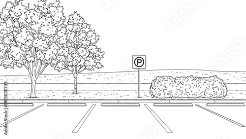 Empty parking lot with a "No Parking" sign, flanked by two large trees on the left and a bush on the right, against a hilly landscape.