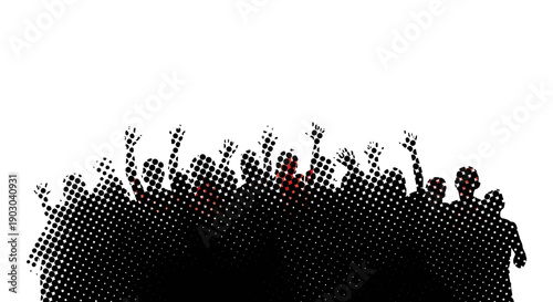 Black and white halftone silhouette of a cheering crowd with raised arms at a concert or rally stands against a stark white background.