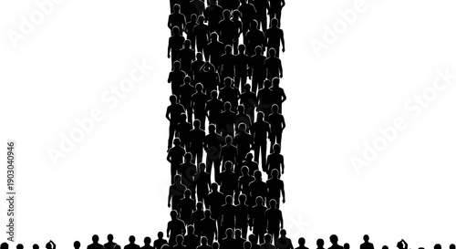 Silhouetted mass of diverse people forming a concentrated upward flow shape in high contrast against a stark white background
