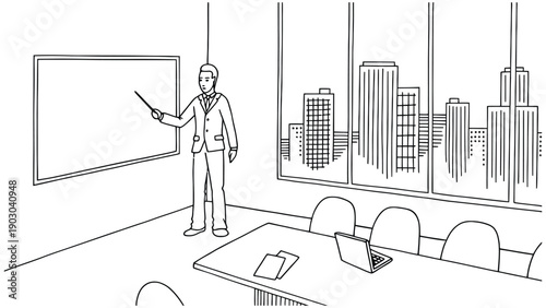 A person with a pointer presents in a boardroom, pointing at an empty screen. Large windows show a city skyline outside. A laptop and papers are on the table.