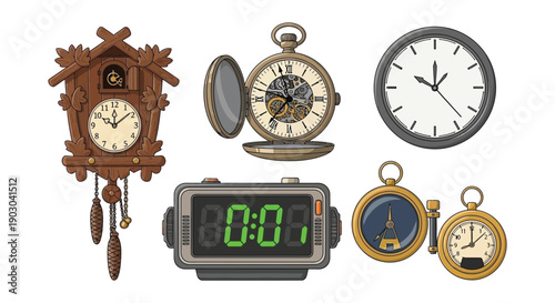 A collection of antique and modern timekeeping devices displayed together