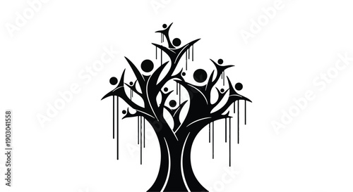 Stylized tree silhouette with human figures forming branches and leaves, symbolizing unity and growth.