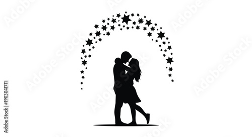 Couple embracing under a starry arc, symbolizing love and dreams.