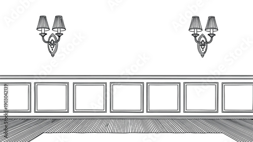 Line drawing of an elegant room with a paneled wall, two ornate wall sconces, and a striped wood floor, conveying a classic and serene ambiance.