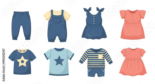 Colorful collection of children s clothing items arranged in a grid layout