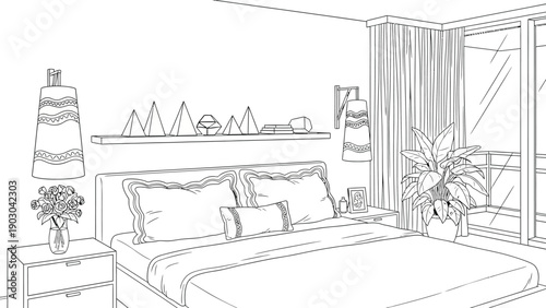 Modern bedroom sketch features a double bed with pillows and a blanket, a bedside table with a vase of flowers, and a potted plant near large windows.