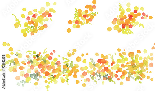 水彩画。水彩タッチのミモザのベクターイラスト。春のミモザ水彩フレーム。Watercolor painting. Vector illustration of a mimosa with a watercolor touch. Spring mimosa watercolor frame.