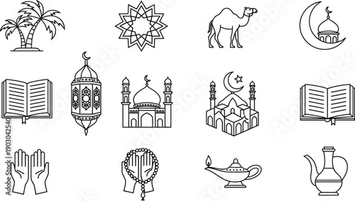 Black Line Art Illustration Set of Islamic Religious Icons and Middle Eastern Cultural Symbols Featuring Mosque Architecture Quran Book Prayer Hands Camel Palm Trees and Traditional Lantern