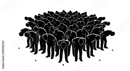 Stylized black and white silhouette illustration depicting a large group of people bowing deeply together in a unified gesture of respect or apology.
