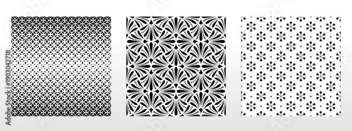 Geometric floral set of seamless patterns. White and black vector backgrounds. Damask graphic ornaments.
