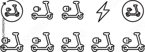 Set of White Electric Scooter Icons and Lightning Bolt Symbol vector