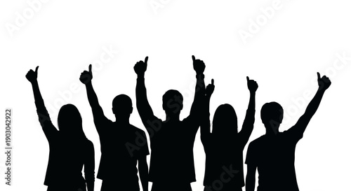 Silhouette of a diverse group of people cheering enthusiastically with both arms raised in a universal gesture of success, approval, and victory celebration.