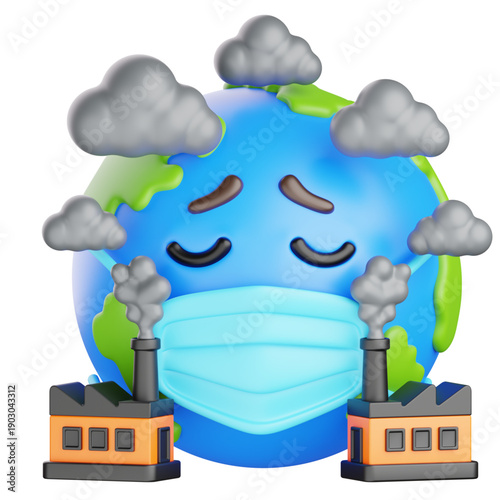 The Earth wearing a medical mask with smog from factories and clouds around it.