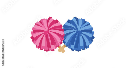 Colorful pink and blue pom poms on white background