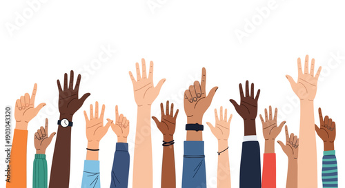 Diverse Group of Raised Hands in a Vector Illustration