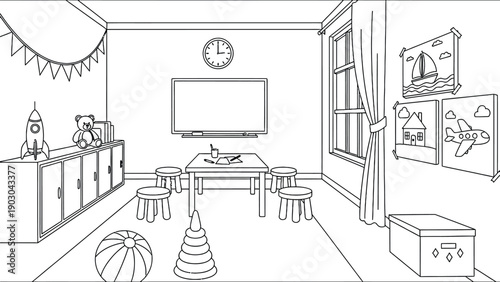 Classroom with drawings, a rocket toy, and a teddy bear on shelves. A table with stools is in the center. Bright, organized, and inviting atmosphere.