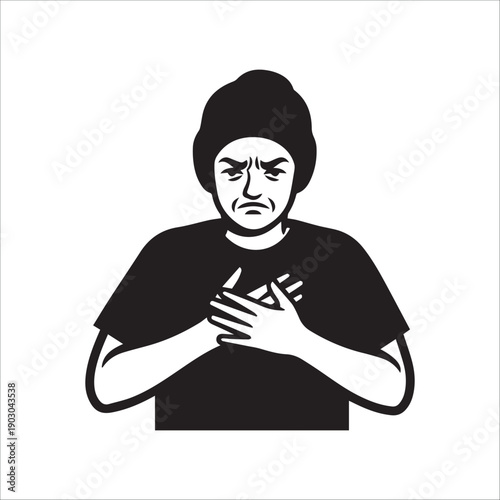 A black and white illustration of a man clutching his chest in distress