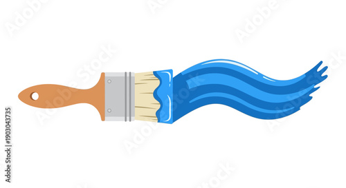 Blue paintbrush stroke with wooden handle on white background