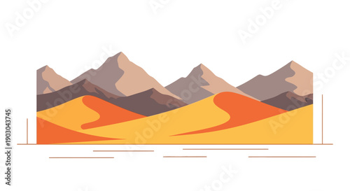 Minimalist desert landscape with mountains and sand dunes illustration