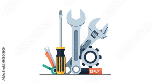Colorful illustration of various tools for repair and maintenance