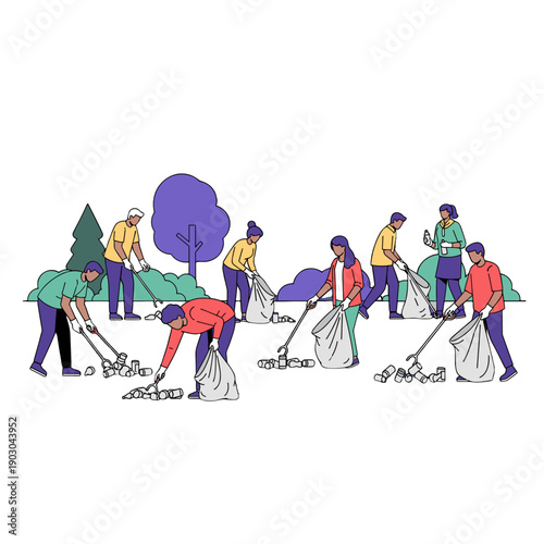 Community Service: Volunteers Cleaning Park Together, Filling Bags with Litter, Illustration, Outdoor, Overhead View Related to 48