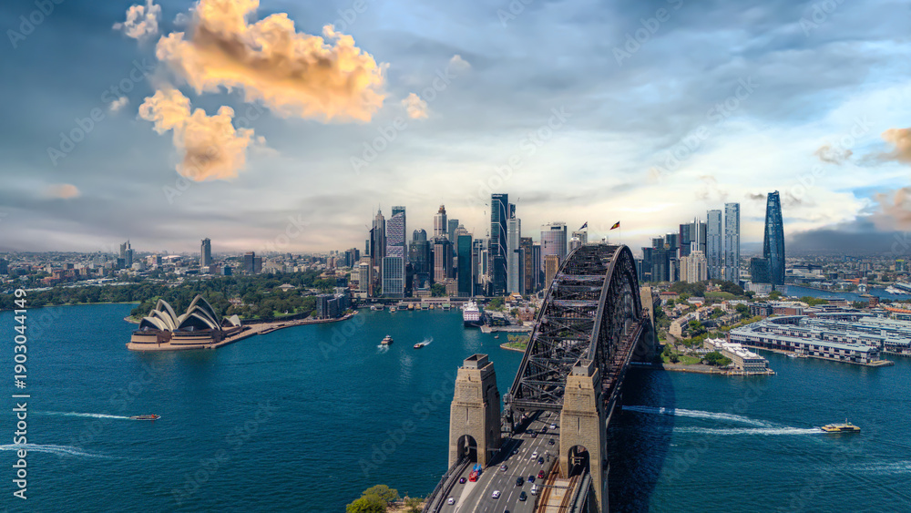 Fototapeta premium 5 February 2026 Aerial View of Sydney Harbour Circular Quay cruise Liner on a nice Summer day beautiful Sky in Sydney NSW Australia