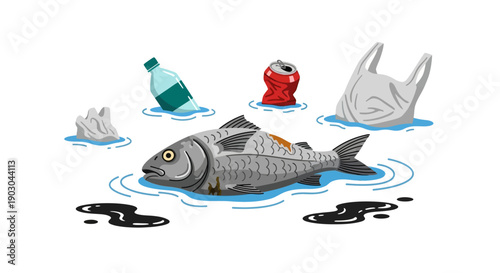 Polluted water with dead fish and floating plastic waste