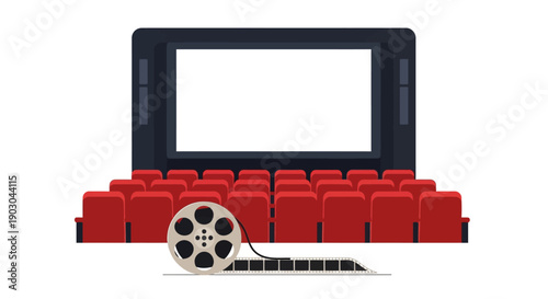 Empty cinema hall with red seats and film reel illustration