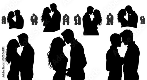 Collection of multiple black silhouette vector graphics depicting couples sharing tender moments of kissing, embracing, and standing close in various romantic poses.