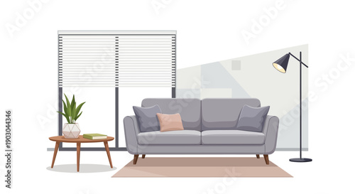 Modern living room with gray sofa and floor lamp